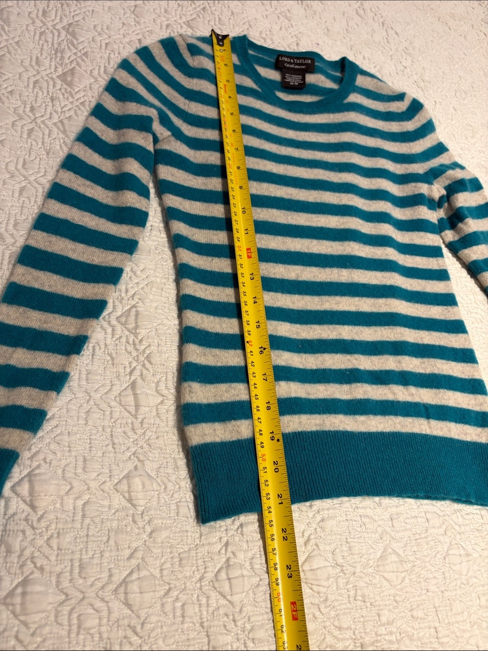 Lord & Taylor Teal and Grey Cashmere Striped Crewneck Sweater - Picture 5 of 5